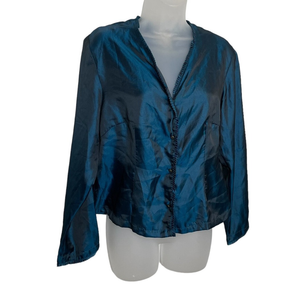 Vtg April Cornell Small Blouse Button Front Long Sleeve Iridescent Ruffle Trim - Picture 2 of 9